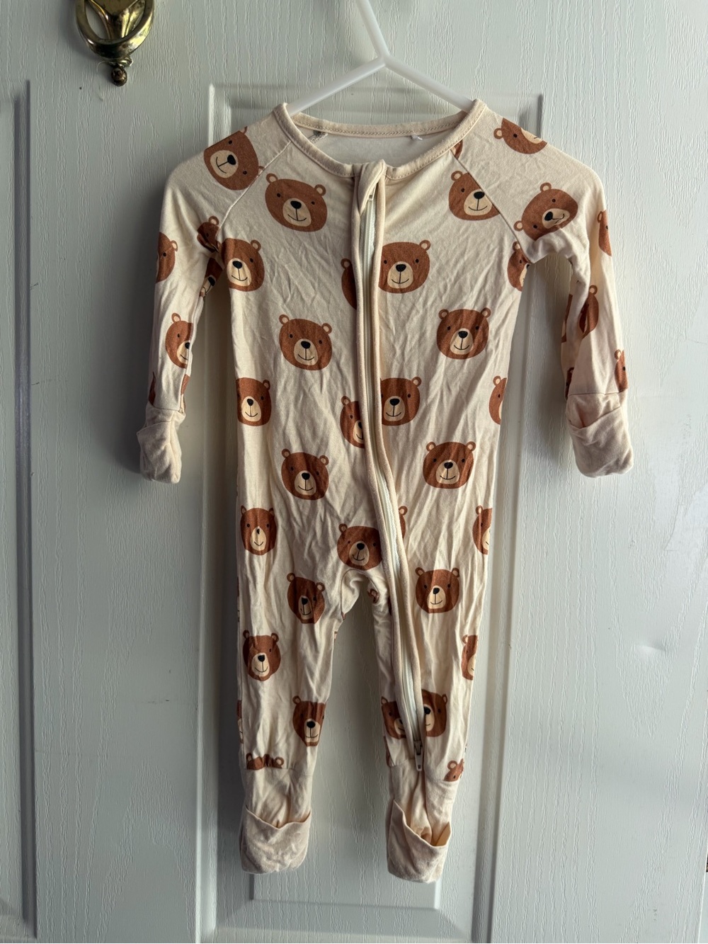 Cream Bear-Print Zip One-Piece Footie for Kids